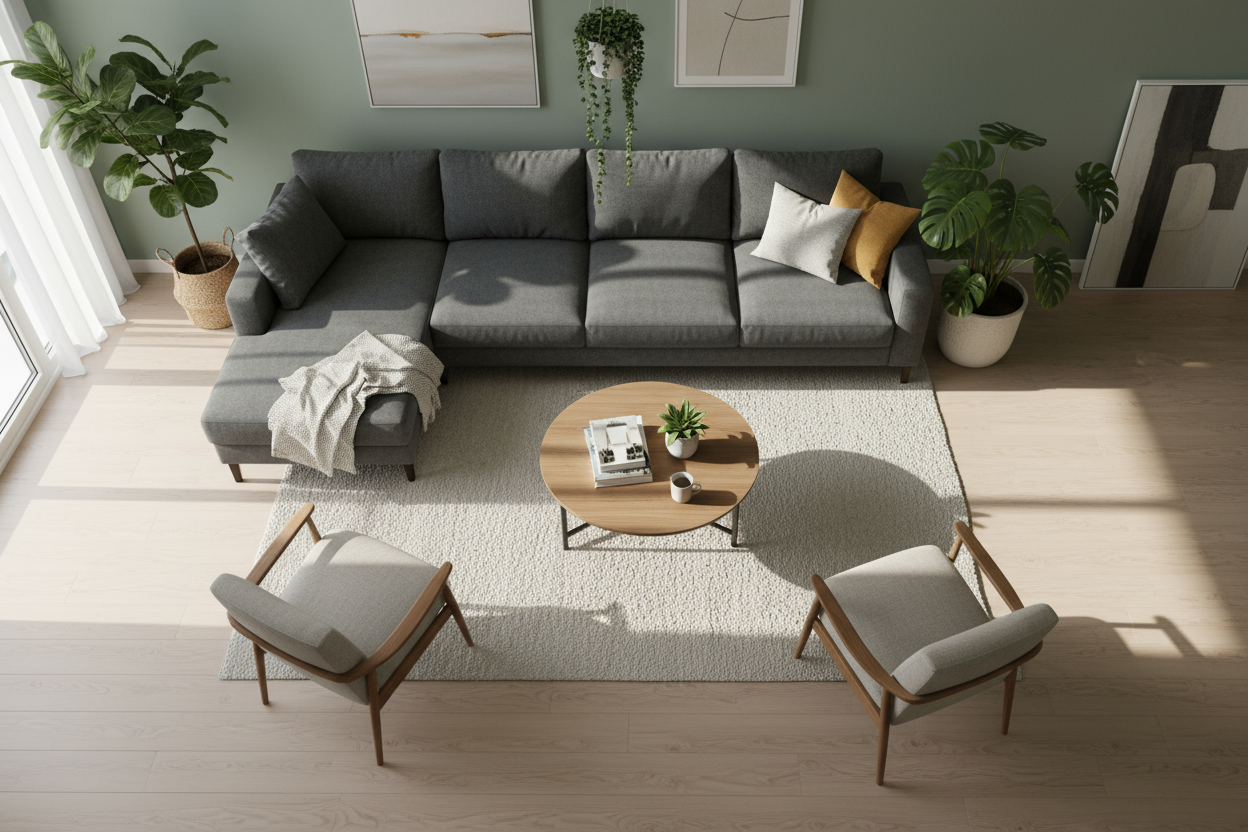 image d'un salon vue en plongée avec des plantes et un canape et une table basse de visble